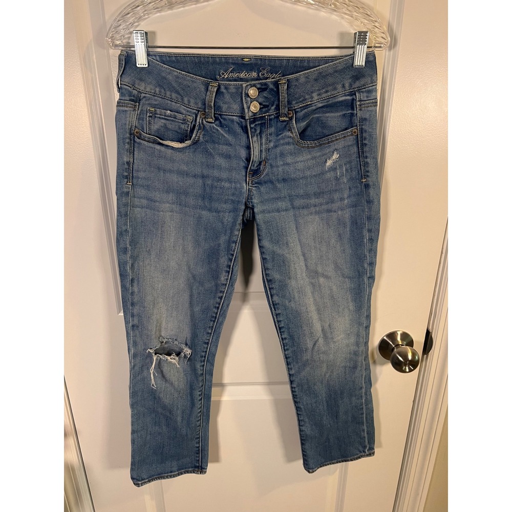 American Eagle Womens Cropped Jeans Distressed Medium Wash Blue Size 6